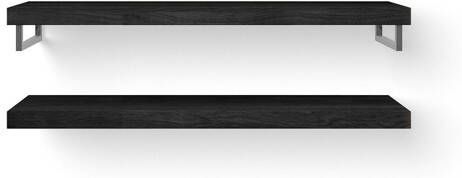 Looox Wood collection Duo wandplanken 140x46cm 2 stuks Met handdoekhouders RVS geborsteld massief eiken Black WBDUO140BLRVS
