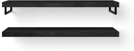 Looox Wood collection Duo wandplanken 140x46cm 2 stuks Met handdoekhouders zwart mat massief eiken Black WBDUO140BLMZ