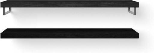 Looox Wood collection Duo wandplanken 160x46cm 2 stuks Met handdoekhouders RVS geborsteld massief eiken Black WBDUO160BLRVS