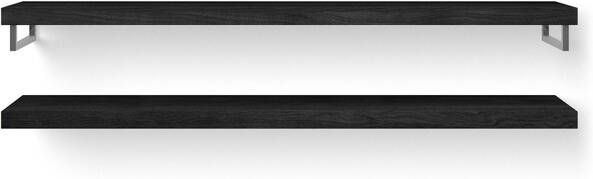 Looox Wood collection Duo wandplanken 200x46cm 2 stuks Met handdoekhouders RVS geborsteld massief eiken Black WBDUO200BLRVS