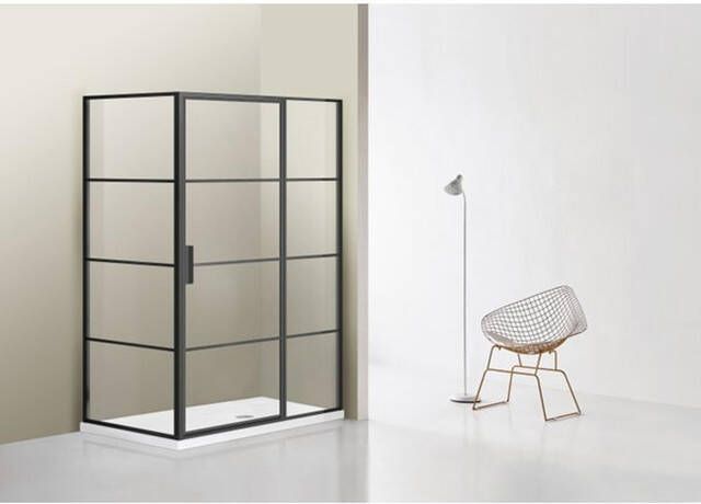 Marenza Bellini Douchecabine 90x90cm vast paneel veiligheidsglas frame lines buitenzijde anti kalk mat zwart sw491682 sw491684