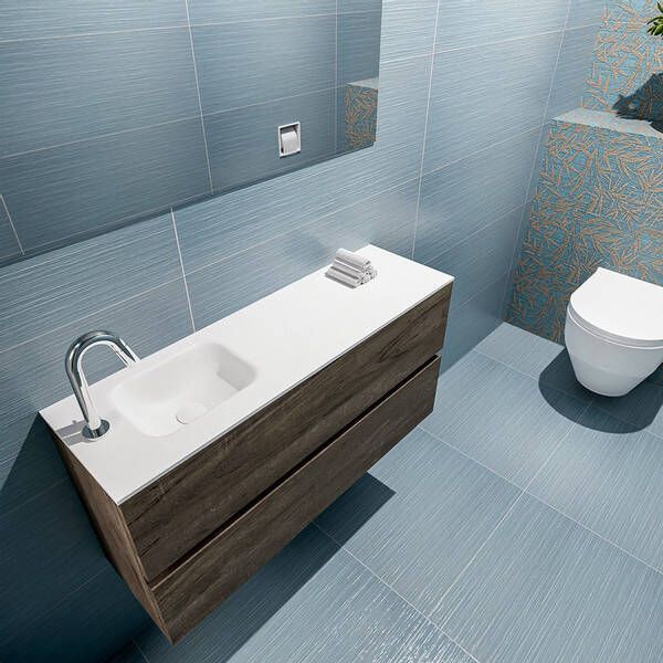 Mondiaz ADA Toiletmeubel 100x30x50cm 1 kraangat 2 lades dark brown mat wasbak links Solid surface Wit FK75342018