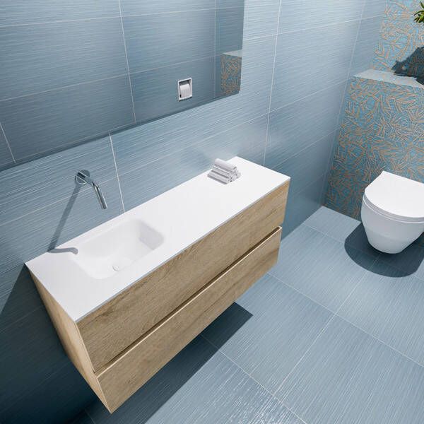 Mondiaz ADA Toiletmeubel 100x30x50cm met 0 kraangaten 2 lades washed oak mat Wastafel Lex links Solid Surface Zwart FK75342338