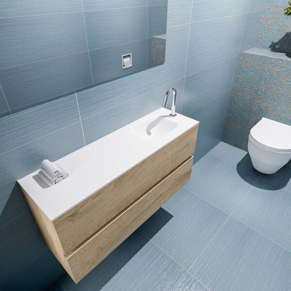 Mondiaz ADA Toiletmeubel 100x30x50cm met 1 kraangaten 2 lades washed oak mat Wastafel Lex rechts Solid Surface Wit FK75341991