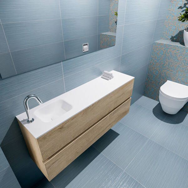 Mondiaz ADA Toiletmeubel 120x30x50cm met 1 kraangaten 2 lades washed oak mat Wastafel Lex links Solid Surface Wit FK75341995