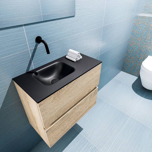 Mondiaz ADA Toiletmeubel 60x30x50cm met 0 kraangaten 2 lades washed oak mat Wastafel Lex links Solid Surface Zwart FK75342326