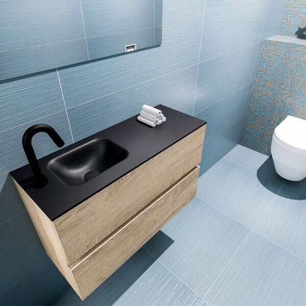 Mondiaz ADA Toiletmeubel 80x30x50cm met 1 kraangaten 2 lades washed oak mat Wastafel Lex links Solid Surface Zwart FK75342331