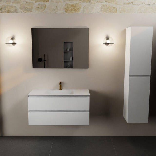 Mondiaz Aivy badmeubelset 100x45x50cm 1 kraangat 1 wasbak talc Solid surface Midden 2 lades Met spiegel MDF Talc AIVY80171