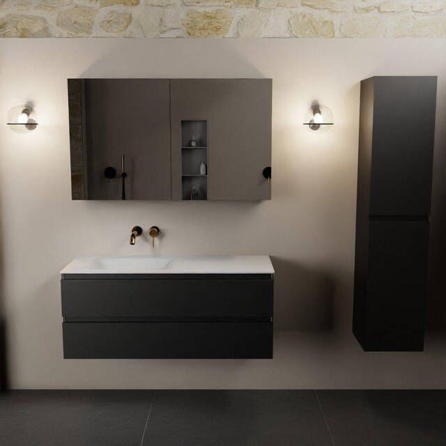 Mondiaz Aivy badmeubelset 120x45x50cm 0 kraangaten 1 wasbak talc Solid surface Links 2 lades Met spiegelkast MDF Urban AIVY80376