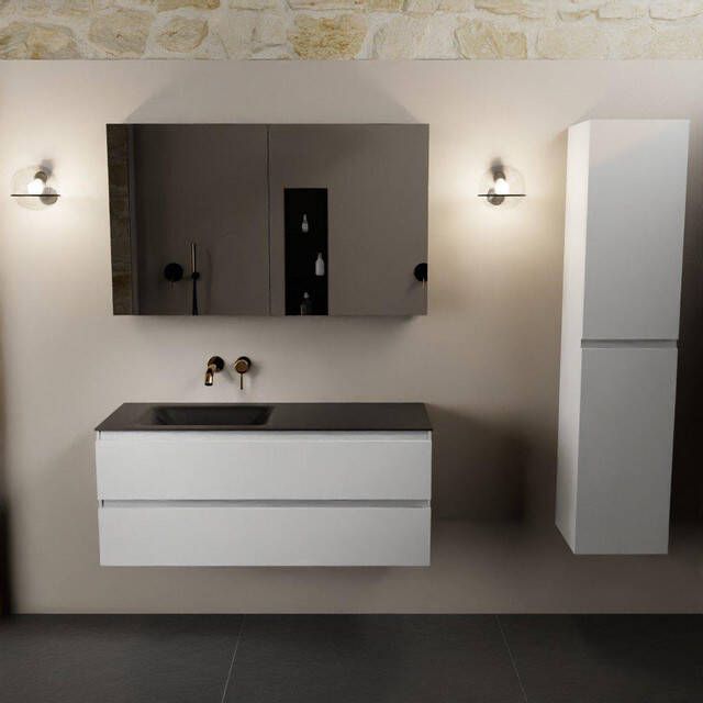 Mondiaz Aivy badmeubelset 120x45x50cm 0 kraangaten 1 wasbak urban Solid surface Links 2 lades Met spiegelkast MDF Talc AIVY80397