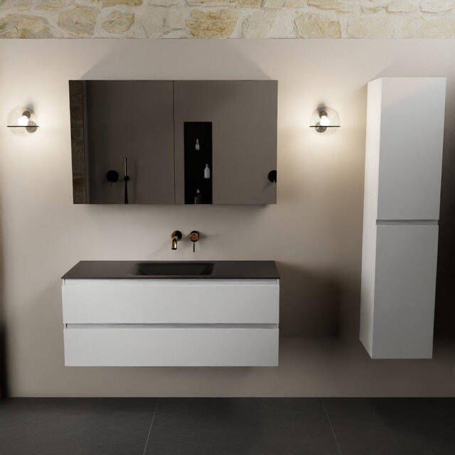 Mondiaz Aivy badmeubelset 120x45x50cm 0 kraangaten 1 wasbak urban Solid surface Midden 2 lades Met spiegelkast MDF Talc AIVY80396