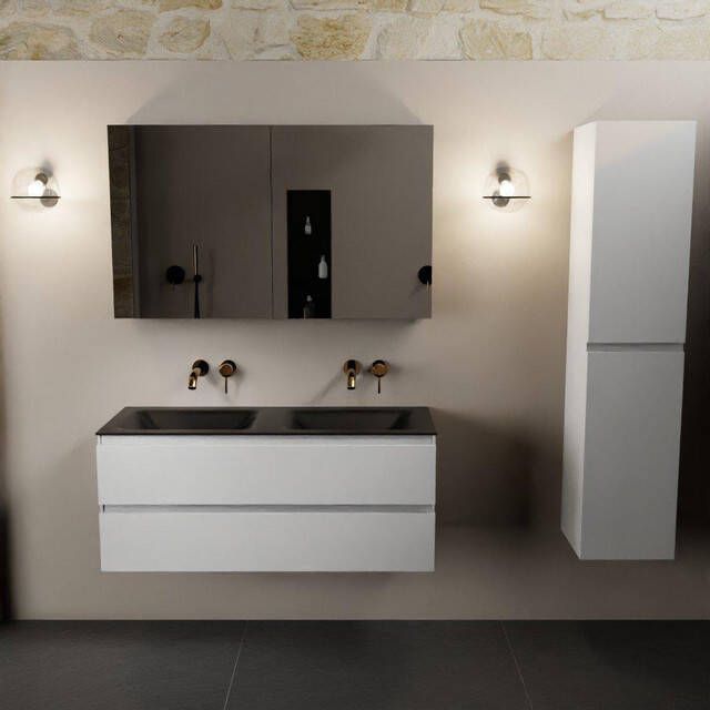 Mondiaz Aivy badmeubelset 120x45x50cm 0 kraangaten 2 wasbakken urban Solid surface Links en rechts 2 lades Met spiegelkast MDF Talc AIVY80399