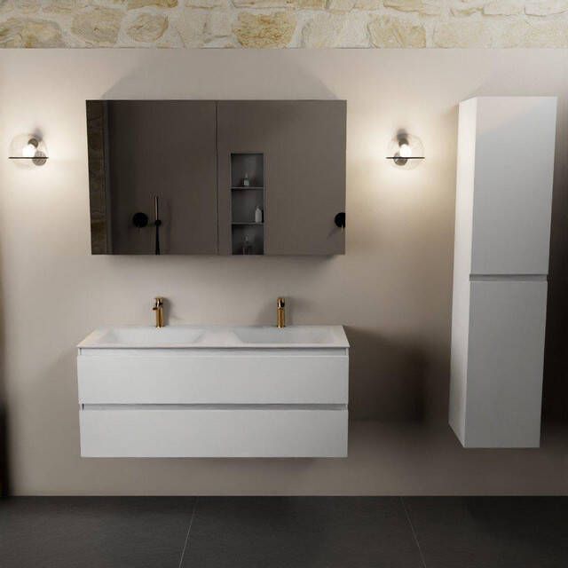Mondiaz Aivy badmeubelset 120x45x50cm 2 kraangaten 2 wasbakken talc Solid surface Links en rechts 2 lades Met spiegelkast MDF Talc AIVY80315