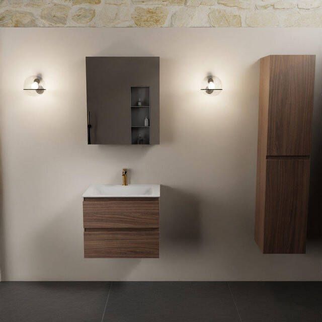 Mondiaz Aivy badmeubelset 60x45x50cm 1 kraangat 1 wasbak talc Solid surface Midden 2 lades Met spiegelkast Melamine Mocha AIVY80330