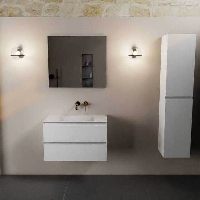 Mondiaz Aivy badmeubelset 80x45x50cm 0 kraangaten 1 wasbak talc Solid surface Midden 2 lades Met spiegel MDF Talc AIVY80226