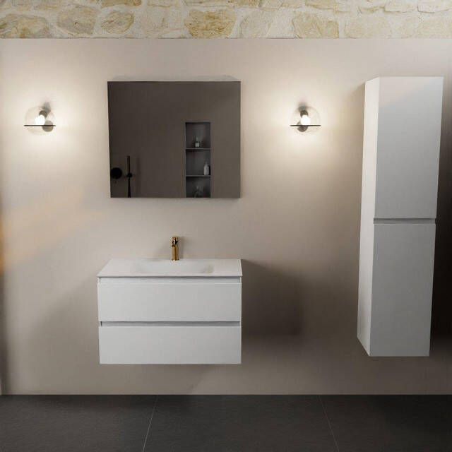 Mondiaz Aivy badmeubelset 80x45x50cm 1 kraangat 1 wasbak talc Solid surface Midden 2 lades Met spiegel MDF Talc AIVY80170