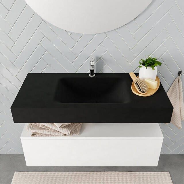 Aqua Splash Badkamermeubel AQS Ibiza 100 cm Mat Wit Solid Surface Wastafel Mat Zwart Badmeubel Ibiza 100 cm Mat Wit Spoelbak Midden Mat Zwart (0 - Foto 2