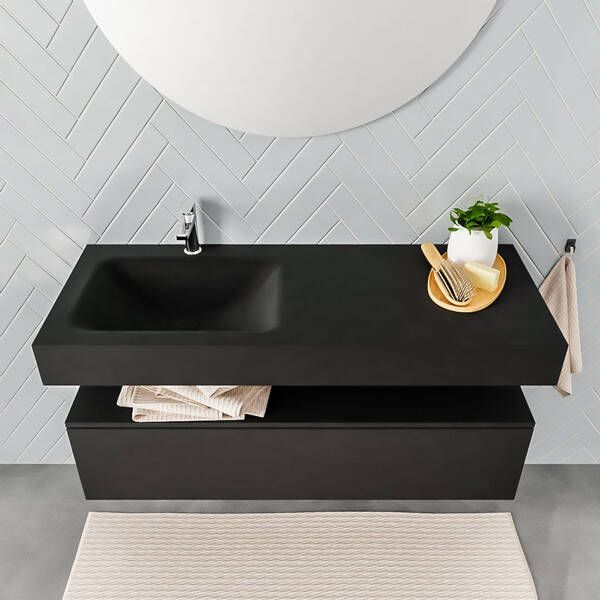 Aqua Splash Badkamermeubel AQS Ibiza 120 cm Solid Surface Wastafel Mat Zwart Badmeubel Ibiza 120 cm Spoelbak Midden Mat Zwart (0 Kraangaten) - Foto 2