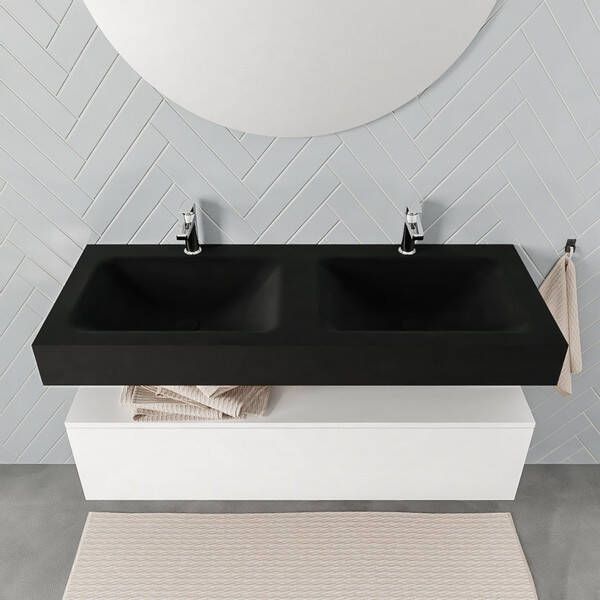 Aqua Splash Badkamermeubel AQS Ibiza 120 cm Mat Wit Solid Surface Wastafel Mat Zwart Badmeubel Ibiza 120 cm Mat Wit Spoelbak Midden Mat Zwart (0 - Foto 2