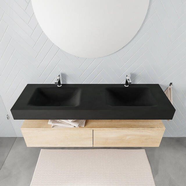 Aqua Splash Badkamermeubel AQS Ibiza 150 cm Washed Oak Twee Soft-Close Lades Solid Surface Wastafel Mat Zwart Badmeubel Ibiza 150 cm Washed Oak Twee - Foto 2