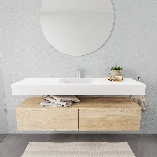 Aqua Splash Badkamermeubel AQS Ibiza 150 cm Washed Oak Twee Soft-Close Lades Solid Surface Wastafel Mat Wit Badmeubel Ibiza 150 cm Washed Oak Twee - Foto 4