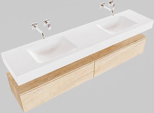 Aqua Splash Badkamermeubel AQS Ibiza 200 cm Washed Oak Twee Soft-Close Lades Solid Surface Wastafel Mat Wit Badmeubel Ibiza 200 cm Washed Oak Twee