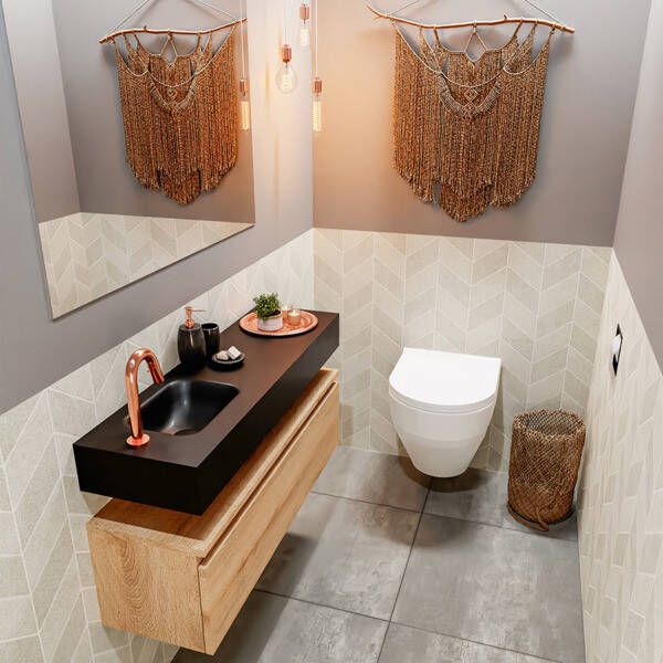 Mondiaz ANDOR Toiletmeubel 100x30x30cm met 1 kraangaten 1 lades washed oak mat Wastafel Lex links Solid Surface Wit FK75343381