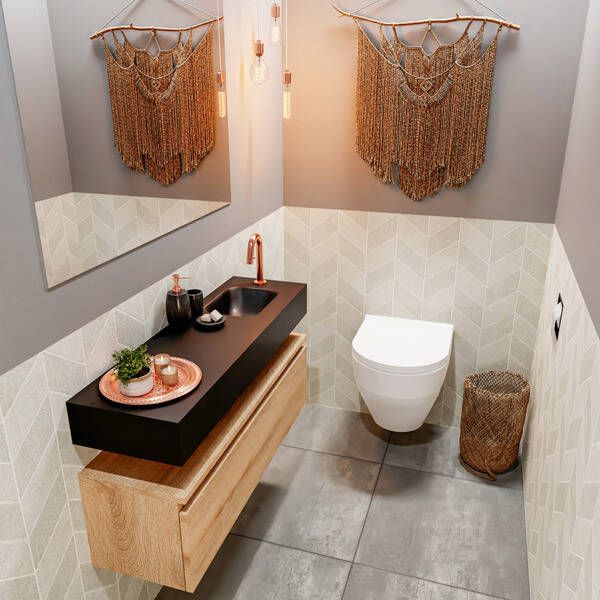 Mondiaz ANDOR Toiletmeubel 100x30x30cm met 1 kraangaten 1 lades washed oak mat Wastafel Lex rechts Solid Surface Zwart FK75343731