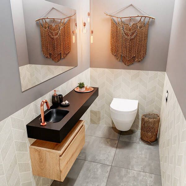 Mondiaz ANDOR Toiletmeubel 120x30x30cm 1 kraangat 1 lades washed oak mat wasbak links Solid surface Zwart FK75344057