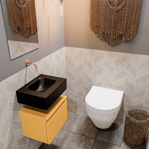 Mondiaz ANDOR Toiletmeubel 40x30x30cm met 0 kraangaten 1 lades ocher mat Wastafel Lex midden Solid Surface Zwart FK75343594