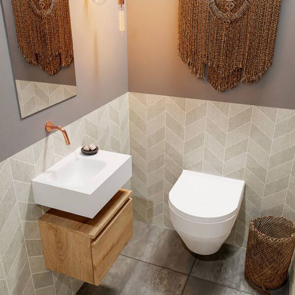 Mondiaz ANDOR Toiletmeubel 40x30x30cm met 0 kraangaten 1 lades washed oak mat Wastafel Lex links Solid Surface Zwart FK75343712 - Foto 2