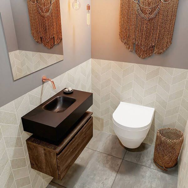 Mondiaz ANDOR Toiletmeubel 60x30x30cm 0 kraangaten 1 lades dark brown mat wasbak midden Solid surface Zwart FK75343745