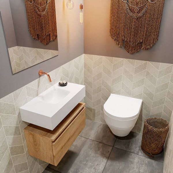 Mondiaz ANDOR Toiletmeubel 60x30x30cm 0 kraangaten 1 lades washed oak mat wasbak midden Solid surface Wit FK75343368