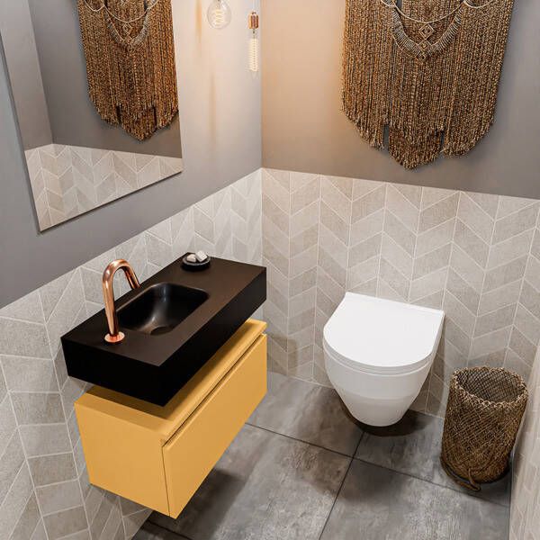 Mondiaz ANDOR Toiletmeubel 60x30x30cm met 1 kraangaten 1 lades ocher mat Wastafel Lex links Solid Surface Zwart FK75343601