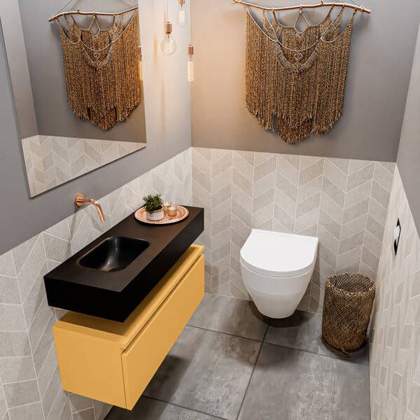Mondiaz ANDOR Toiletmeubel 80x30x30cm met 0 kraangaten 1 lades ocher mat Wastafel Lex links Solid Surface Zwart FK75344002