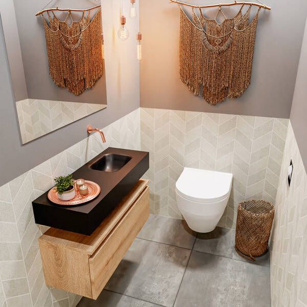 Mondiaz ANDOR Toiletmeubel 80x30x30cm met 0 kraangaten 1 lades washed oak mat Wastafel Lex rechts Solid Surface Zwart FK75344052