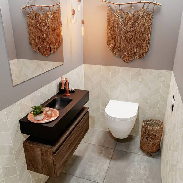 Mondiaz ANDOR Toiletmeubel 80x30x30cm met 1 kraangaten 1 lades dark brown mat Wastafel Lex midden Solid Surface Zwart FK75343750 - Foto 2