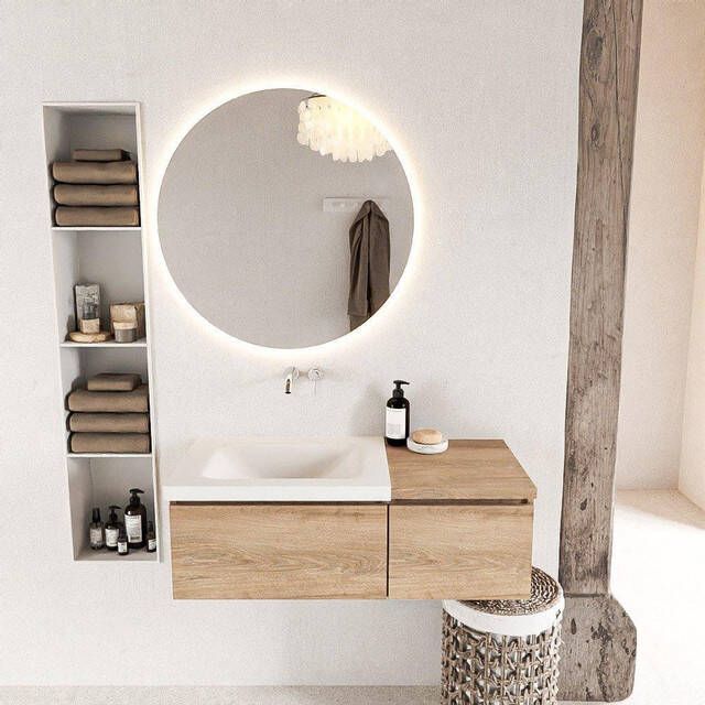 Mondiaz BUKLA Badkamermeubelset 100x45x34cm 0 kraangaten wasbak links solid surface Talc greeploos 2 lades Melamine Washed Oak BUKLA10009
