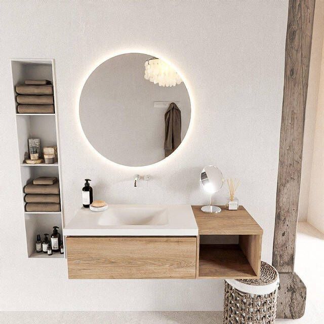 Mondiaz BUKLA Badkamermeubelset 120x45x34cm 0 kraangaten wasbak links solid surface Talc greeploos 1 lade Melamine Washed Oak BUKLA20023