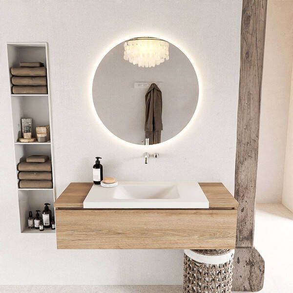 Mondiaz BUKLA Badkamermeubelset 120x45x34cm 0 kraangaten wasbak midden solid surface Talc greeploos 1 lade Melamine Washed Oak BUKLA10007