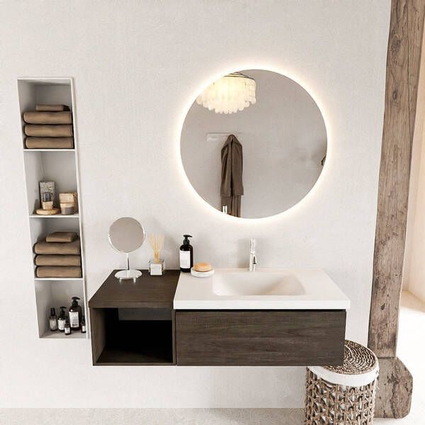 Mondiaz BUKLA Badkamermeubelset 120x45x34cm 1 kraangat wasbak rechts solid surface Talc greeploos 1 lade Melamine Dark brown BUKLA20114