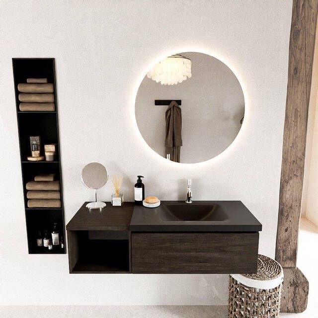 Mondiaz BUKLA Badkamermeubelset 120x45x34cm 1 kraangat wasbak rechts solid surface Urban greeploos 1 lade Melamine Dark brown BUKLA20158