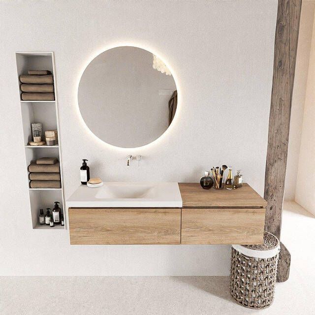 Mondiaz BUKLA Badkamermeubelset 140x45x34cm 0 kraangaten wasbak links solid surface Talc greeploos 2 lades Melamine Washed Oak BUKLA10051