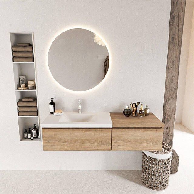 Mondiaz BUKLA Badkamermeubelset 140x45x34cm 1 kraangat wasbak links solid surface Talc greeploos 2 lades Melamine Washed Oak BUKLA10052