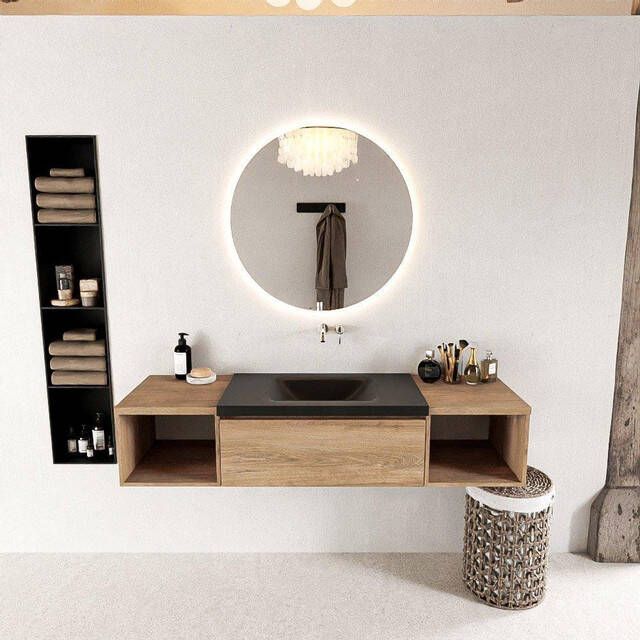 Mondiaz BUKLA Badkamermeubelset 160x45x34cm 0 kraangaten wasbak midden solid surface Urban greeploos 2 lades Melamine Washed Oak BUKLA20075
