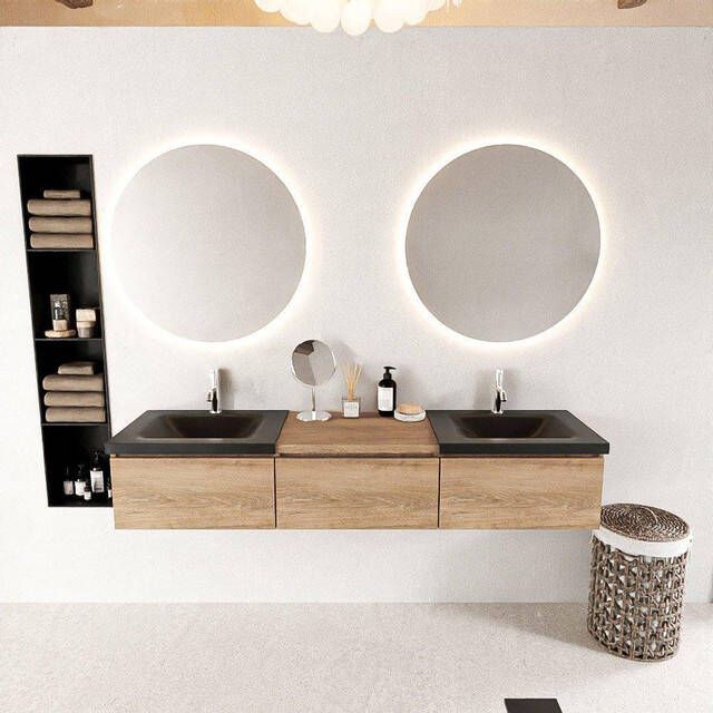 Mondiaz BUKLA badkamermeubelset 180x45x34cm 2 kraangaten 2 wasbakken solid surface Urban greeploos 3 lades met softclose Melamine Washed Oak BUKLA10108