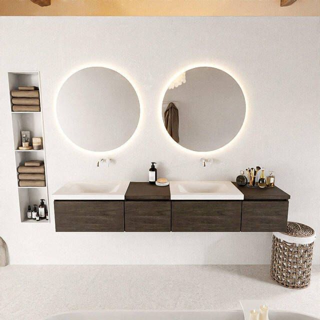 Mondiaz BUKLA badkamermeubelset 200x45x34cm 0 kraangaten 2 wasbakken solid surface Talc greeploos 4 lades met softclose Melamine Dark brown BUKLA10145
