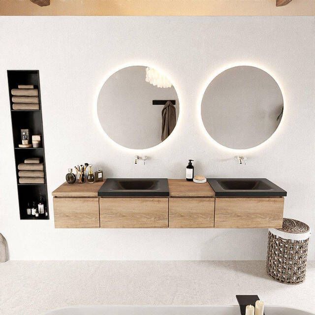 Mondiaz BUKLA badkamermeubelset 200x45x34cm 0 kraangaten 2 wasbakken solid surface Urban greeploos 4 lades met softclose Melamine Washed Oak BUKLA10083 - Foto 2