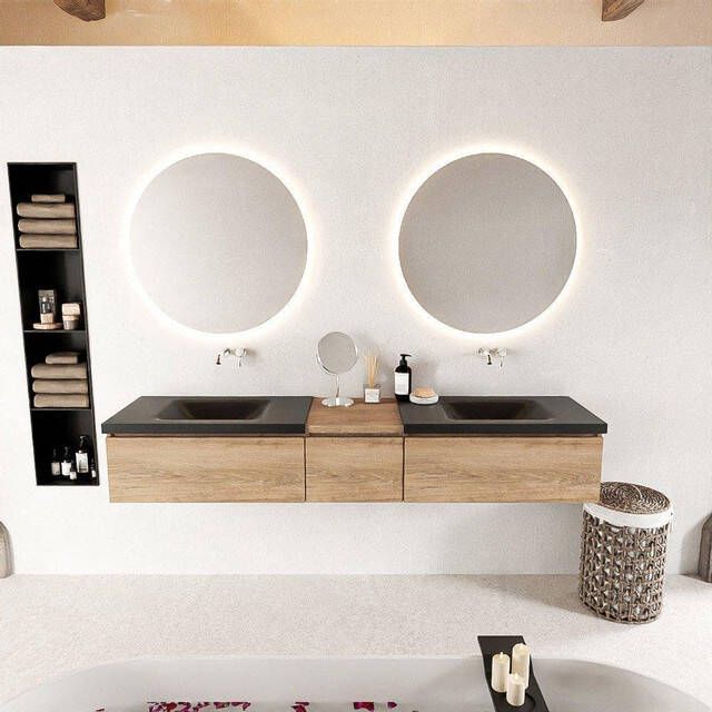 Mondiaz BUKLA badkamermeubelset 200x45x34cm 0 kraangaten 2 wasbakken solid surface Urban greeploos 3 lades met softclose Melamine Washed Oak BUKLA10093