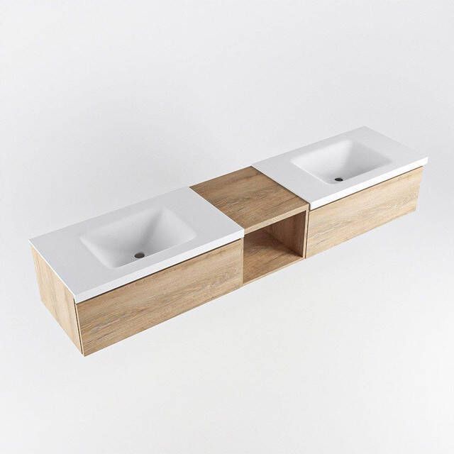 Mondiaz BUKLA badkamermeubelset 200x45x34cm 2 kraangaten 2 wasbakken solid surface Talc greeploos 2 lades met softclose Melamine Washed Oak BUKLA20034